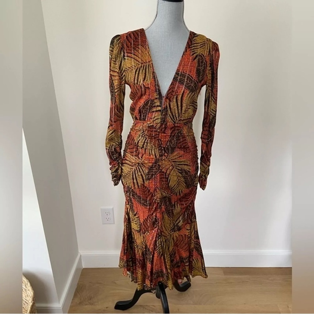 LE SUPERBE Crosby Ave Dress Safari Tropical Palm Long Sleeve Midi Dress